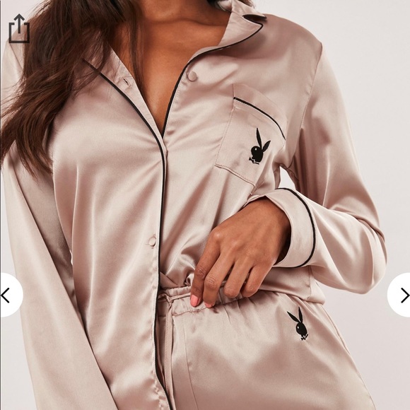 Playboy Champagne Satin Shorts & Shirt Pj Set - Picture 3 of 5